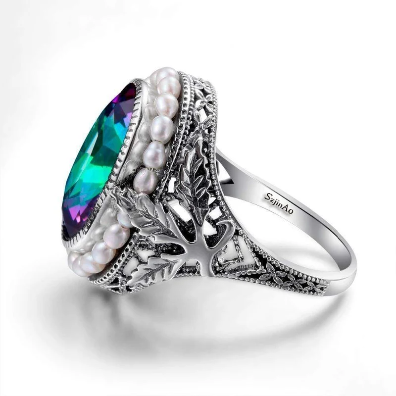 Rose Pearl Jewelry Mystic Rainbow Topaz Berühmte Marke Damen Ring Vintage Silber 925 Schmuck