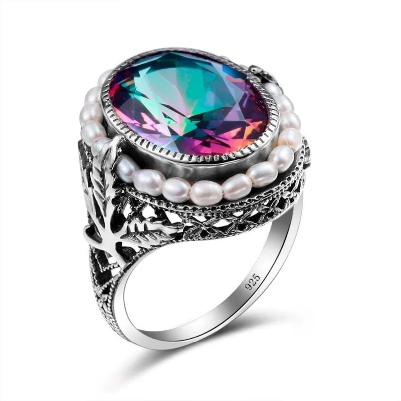 Rose Pearl Jewelry Mystic Rainbow Topaz Berühmte Marke Damen Ring Vintage Silber 925 Schmuck