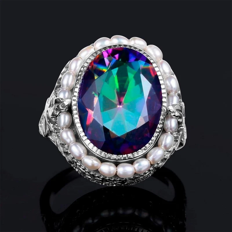Rose Pearl Jewelry Mystic Rainbow Topaz Berühmte Marke Damen Ring Vintage Silber 925 Schmuck