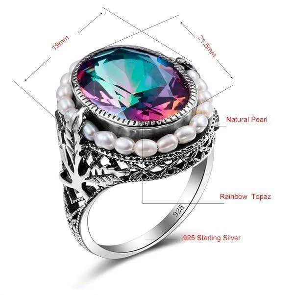 Rose Pearl Jewelry Mystic Rainbow Topaz Berühmte Marke Damen Ring Vintage Silber 925 Schmuck
