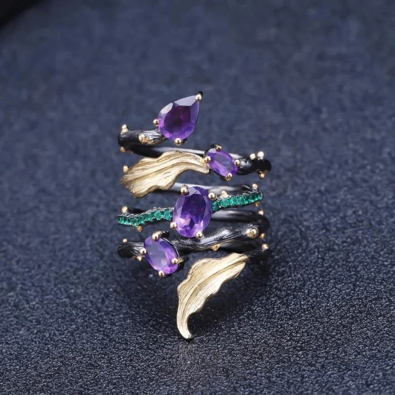 2.26 ct natürlicher Amethyst-Edelstein-Fingerring, 925er-Sterlingsplitter, Vintage-Neugotik-Ringe für Frauen, edler Schmuck