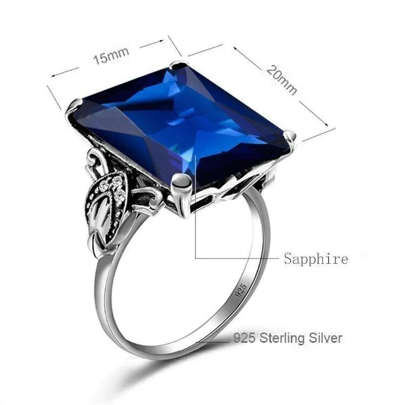 925 Sterling Silber Edlen Schmuck Lab Saphir Stein Einfaches Muster Große Ringe für Frauen