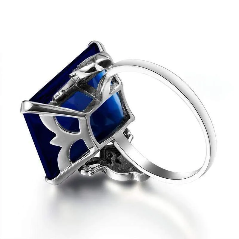 925 Sterling Silber Edlen Schmuck Lab Saphir Stein Einfaches Muster Große Ringe für Frauen