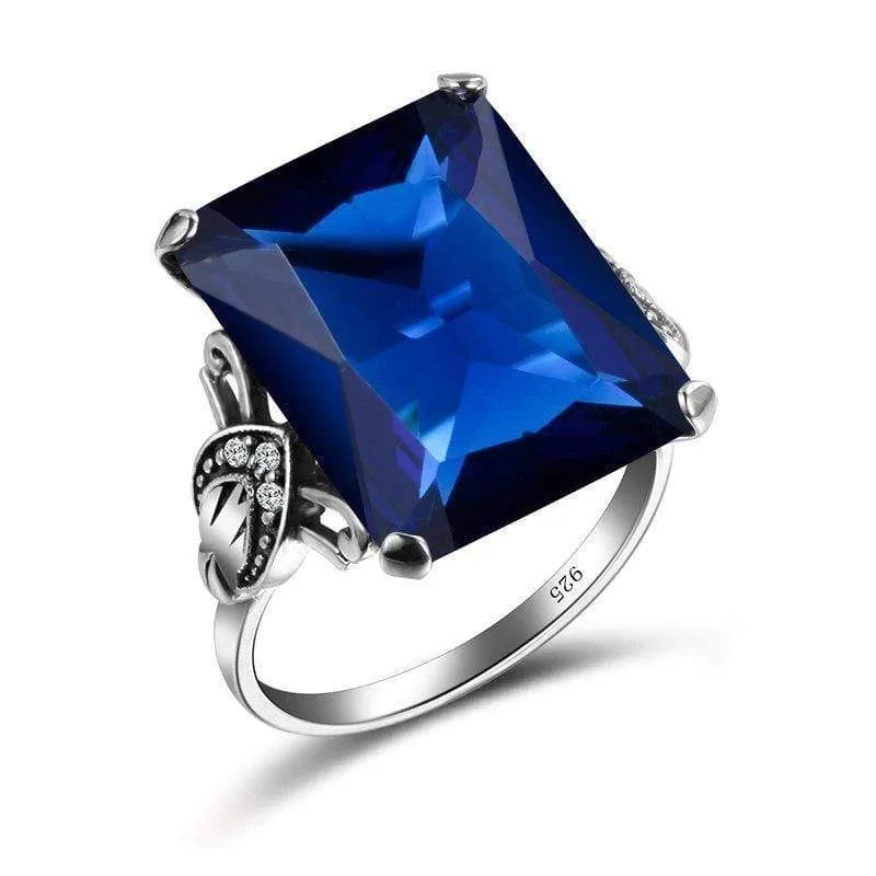 925 Sterling Silber Edlen Schmuck Lab Saphir Stein Einfaches Muster Große Ringe für Frauen