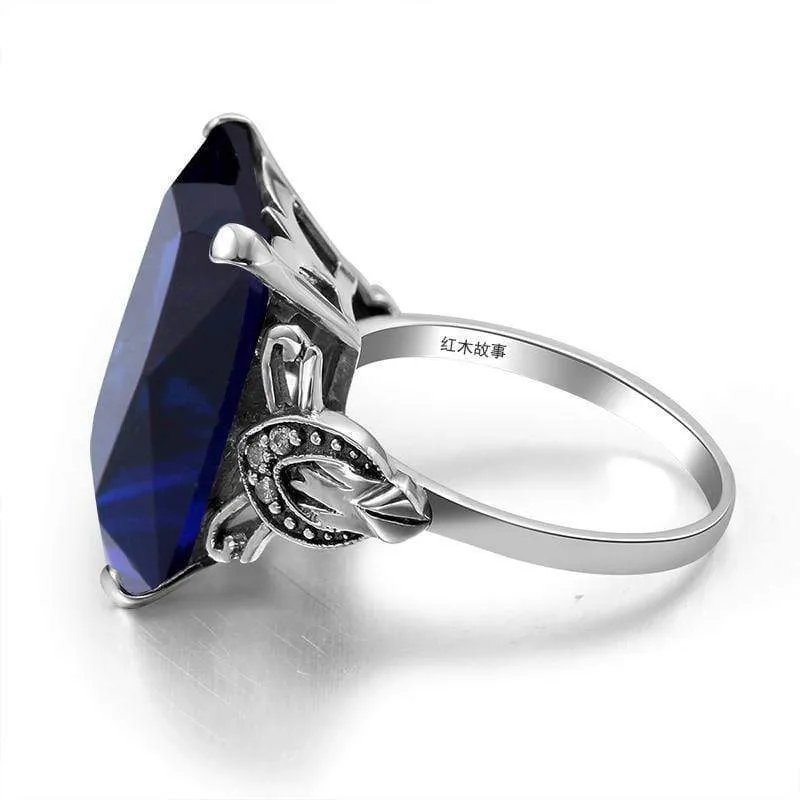 925 Sterling Silber Edlen Schmuck Lab Saphir Stein Einfaches Muster Große Ringe für Frauen