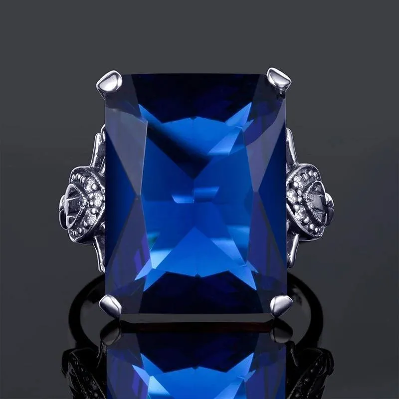 925 Sterling Silber Edlen Schmuck Lab Saphir Stein Einfaches Muster Große Ringe für Frauen