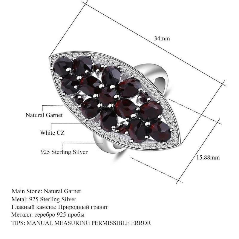 6.3 Karat natürlicher schwarzer Granat-Edelstein, Hochzeit, Verlobungsring, 925er Sterlingsilber, edler Schmuck für Frauen