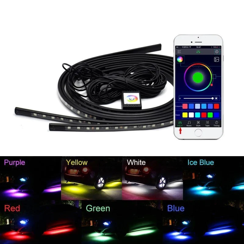 4x Auto Unterbodenbeleuchtung Flexible Streifen LED APP/Fernbedienung RGB Dekorative Atmosphäre Lampe Unter Rohr Unterboden System Neon Licht Kit