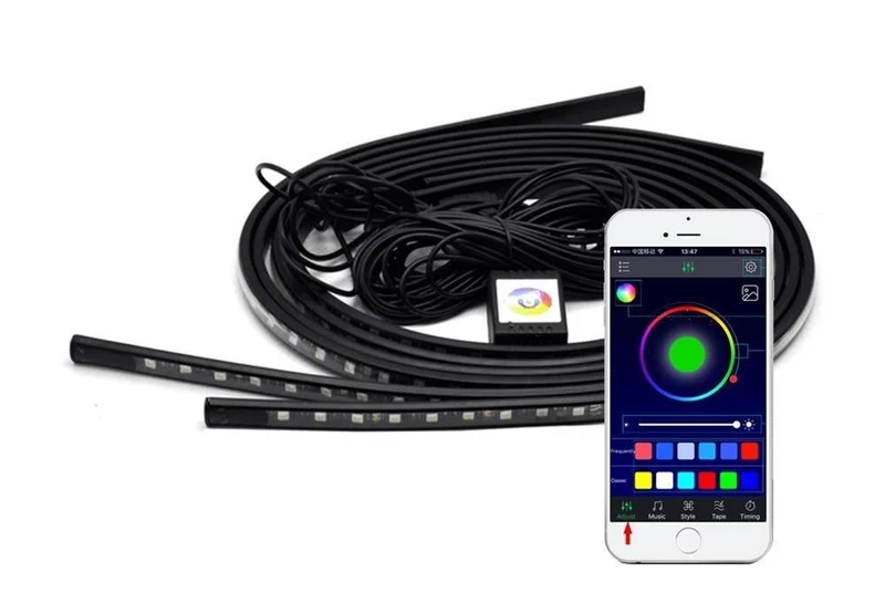 4x Auto Unterbodenbeleuchtung Flexible Streifen LED APP/Fernbedienung RGB Dekorative Atmosphäre Lampe Unter Rohr Unterboden System Neon Licht Kit