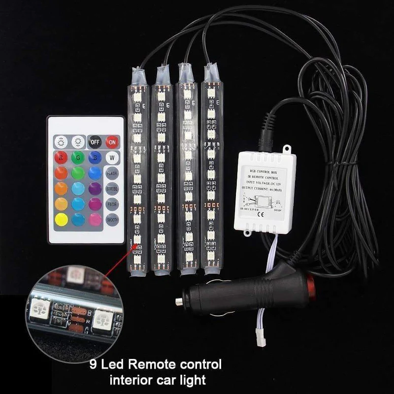 4pcs Auto RGB LED Streifen Licht LED Streifen Lichter Farben Auto Styling Dekorative Atmosphäre Lampen Auto Innenbeleuchtung Mit Fernbedienung 12V