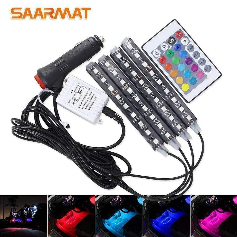 4pcs Auto RGB LED Streifen Licht LED Streifen Lichter Farben Auto Styling Dekorative Atmosphäre Lampen Auto Innenbeleuchtung Mit Fernbedienung 12V