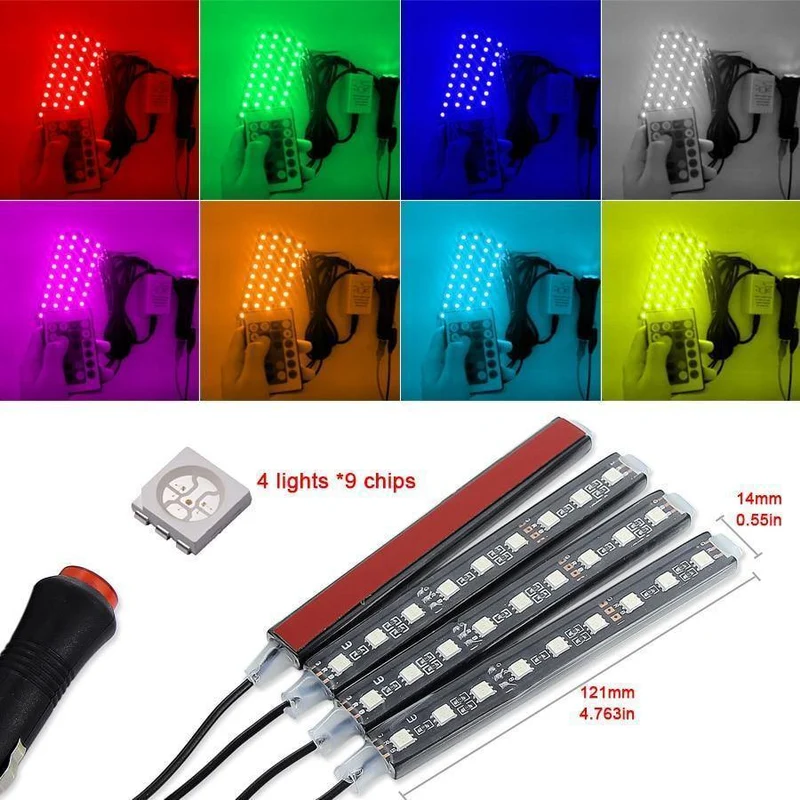 4pcs Auto RGB LED Streifen Licht LED Streifen Lichter Farben Auto Styling Dekorative Atmosphäre Lampen Auto Innenbeleuchtung Mit Fernbedienung 12V
