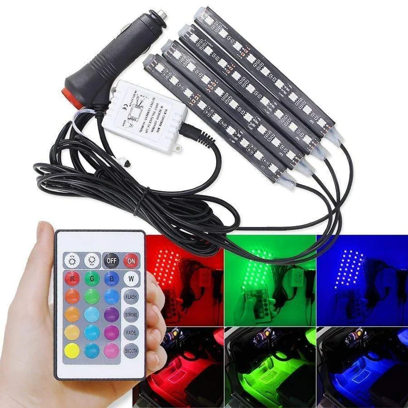 4pcs Auto RGB LED Streifen Licht LED Streifen Lichter Farben Auto Styling Dekorative Atmosphäre Lampen Auto Innenbeleuchtung Mit Fernbedienung 12V