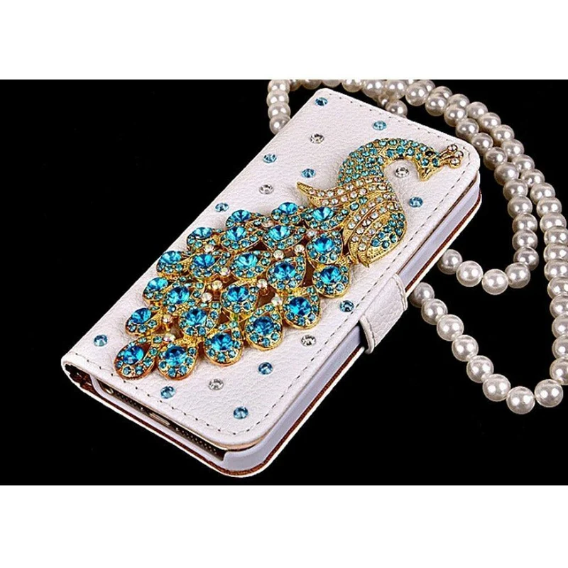 Diamant Kristall Pfau Leder Flip Brieftasche Telefon Fall Strass Abdeckung Für Samsung Galaxy S7 rand Iphone 7 6 6S Plus 5S