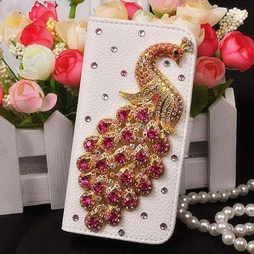Diamant Kristall Pfau Leder Flip Brieftasche Telefon Fall Strass Abdeckung Für Samsung Galaxy S7 rand Iphone 7 6 6S Plus 5S