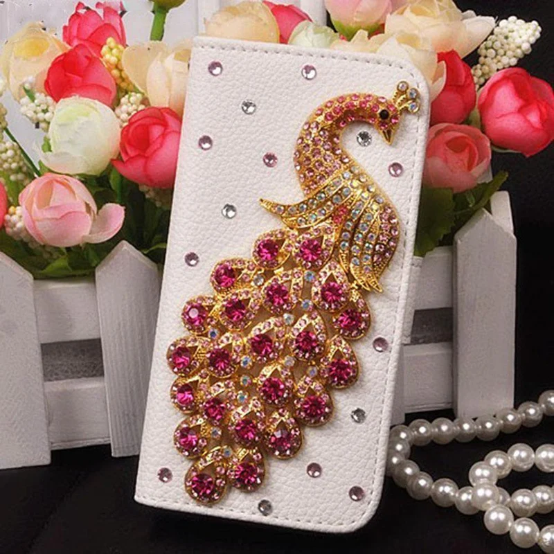 Diamant Kristall Pfau Leder Flip Brieftasche Telefon Fall Strass Abdeckung Für Samsung Galaxy S7 rand Iphone 7 6 6S Plus 5S