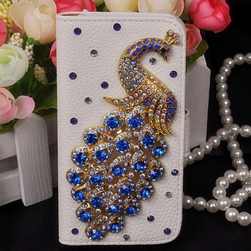 Diamant Kristall Pfau Leder Flip Brieftasche Telefon Fall Strass Abdeckung Für Samsung Galaxy S7 rand Iphone 7 6 6S Plus 5S