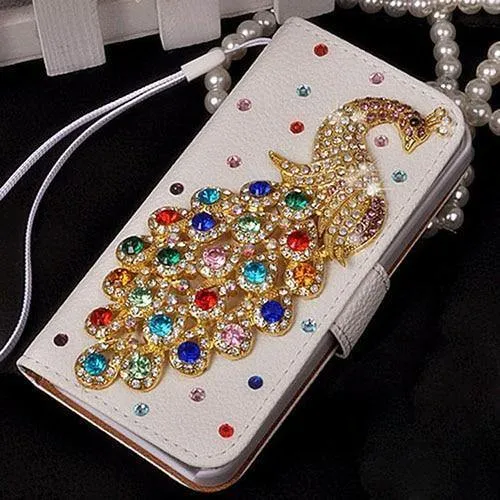 Diamant Kristall Pfau Leder Flip Brieftasche Telefon Fall Strass Abdeckung Für Samsung Galaxy S7 rand Iphone 7 6 6S Plus 5S