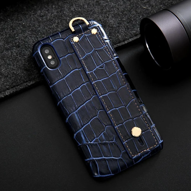 iPhone XS Lederhülle, luxuriöses Krokodilmuster, Handschlaufe, echtes Leder, Rückseite, Handyhülle für iPhone XS Max XS XR 7 8