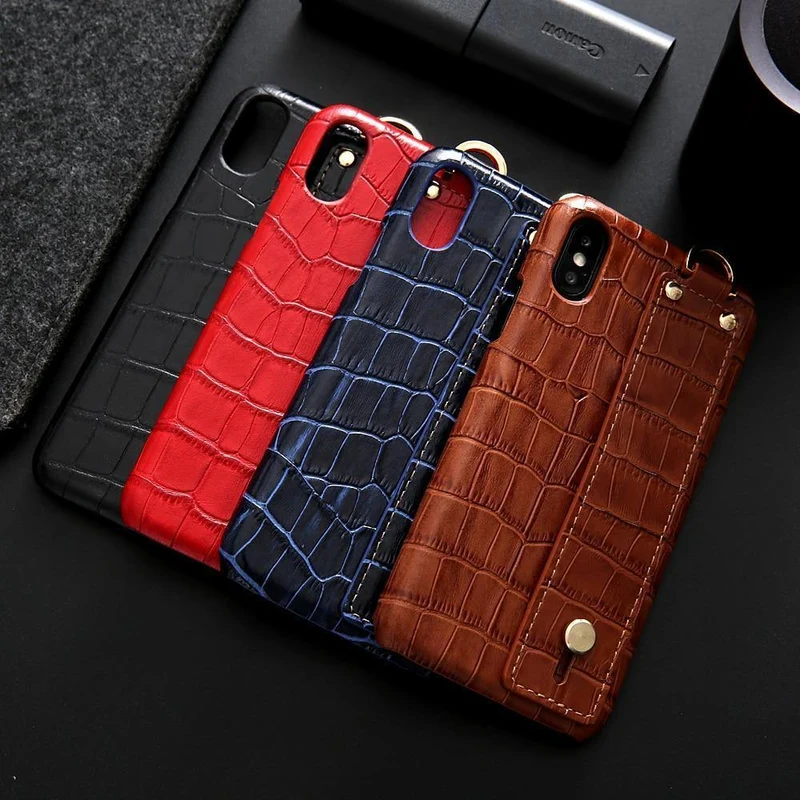 iPhone XS Lederhülle, luxuriöses Krokodilmuster, Handschlaufe, echtes Leder, Rückseite, Handyhülle für iPhone XS Max XS XR 7 8