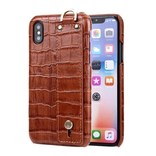 iPhone XS Lederhülle, luxuriöses Krokodilmuster, Handschlaufe, echtes Leder, Rückseite, Handyhülle für iPhone XS Max XS XR 7 8