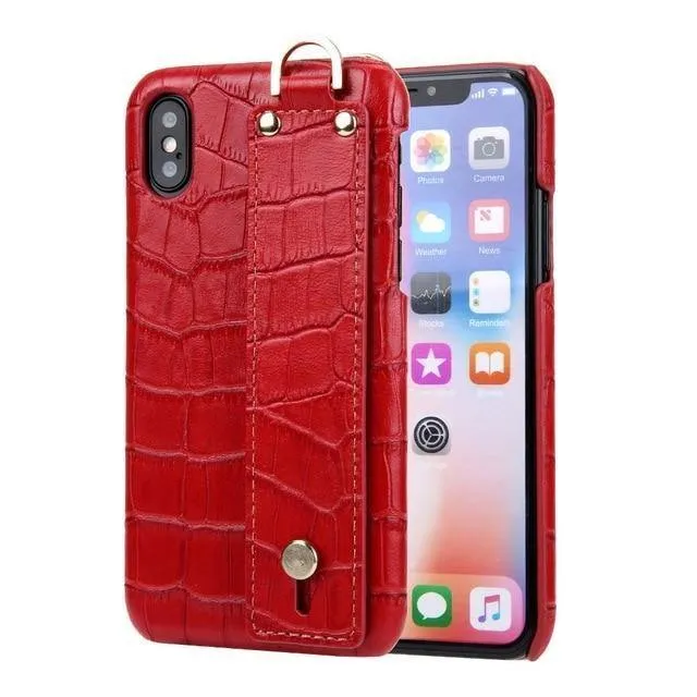 iPhone XS Lederhülle, luxuriöses Krokodilmuster, Handschlaufe, echtes Leder, Rückseite, Handyhülle für iPhone XS Max XS XR 7 8