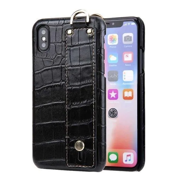 iPhone XS Lederhülle, luxuriöses Krokodilmuster, Handschlaufe, echtes Leder, Rückseite, Handyhülle für iPhone XS Max XS XR 7 8