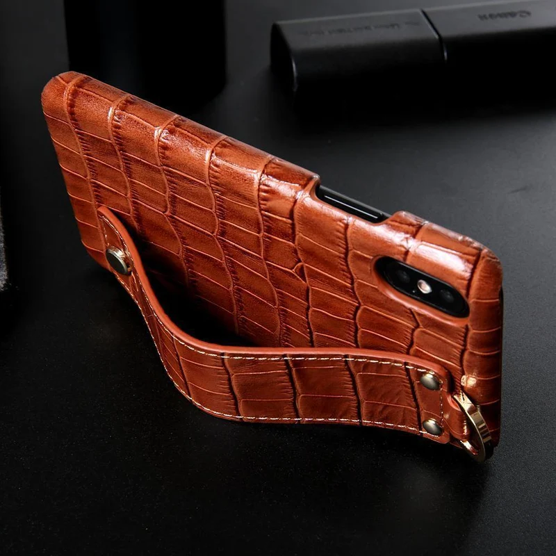 iPhone XS Lederhülle, luxuriöses Krokodilmuster, Handschlaufe, echtes Leder, Rückseite, Handyhülle für iPhone XS Max XS XR 7 8