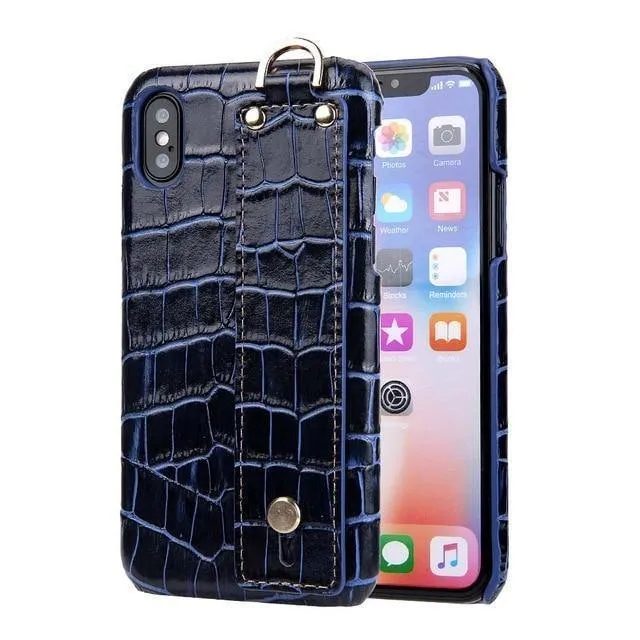 iPhone XS Lederhülle, luxuriöses Krokodilmuster, Handschlaufe, echtes Leder, Rückseite, Handyhülle für iPhone XS Max XS XR 7 8