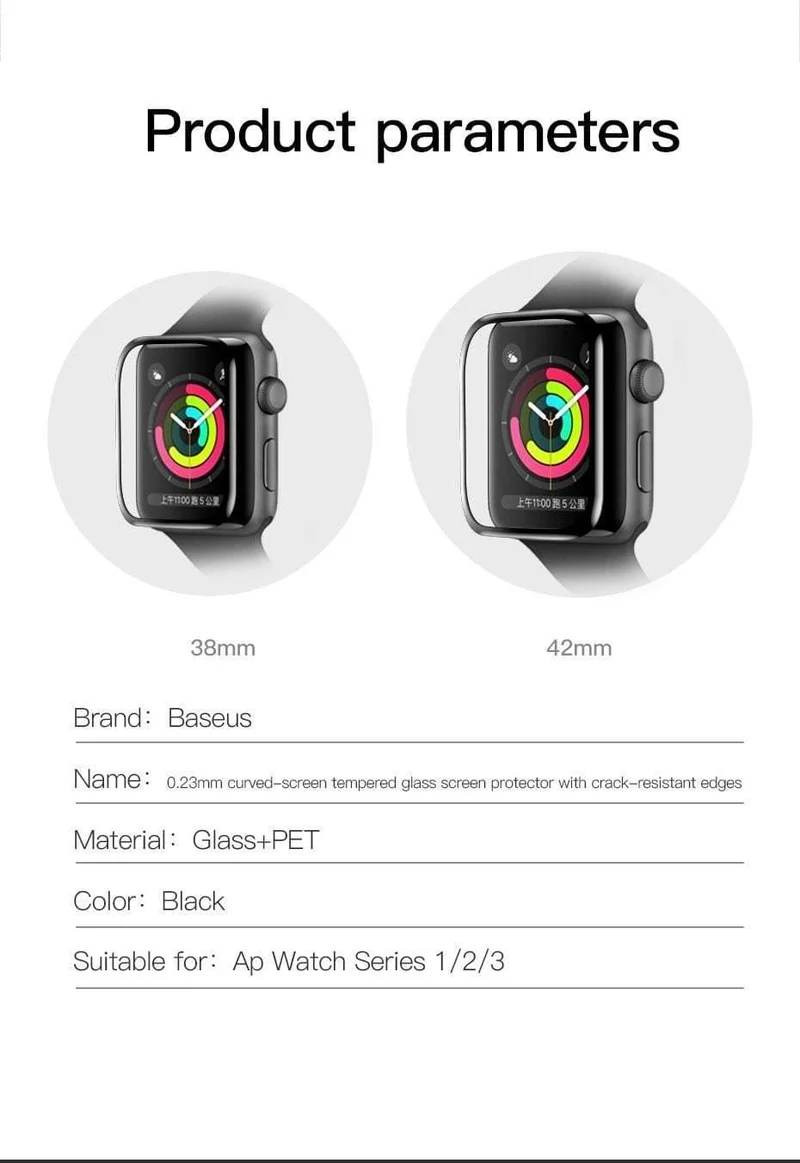 Baseus 3D-Displayschutzfolie mit voller Abdeckung für Apple Watch 1 2 3, gehärtetes Glas, 0.23 mm, Schutzglasfolie für die iWatch-Serie 38/42 mm