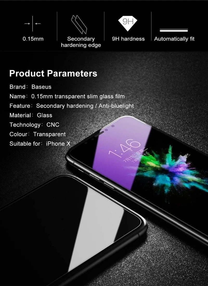 Baseus 0.15 mm transparentes gehärtetes Glas für iPhone X 10 Displayschutz 9H gehärtetes Schutzglas Frontfolie für iPhone 10