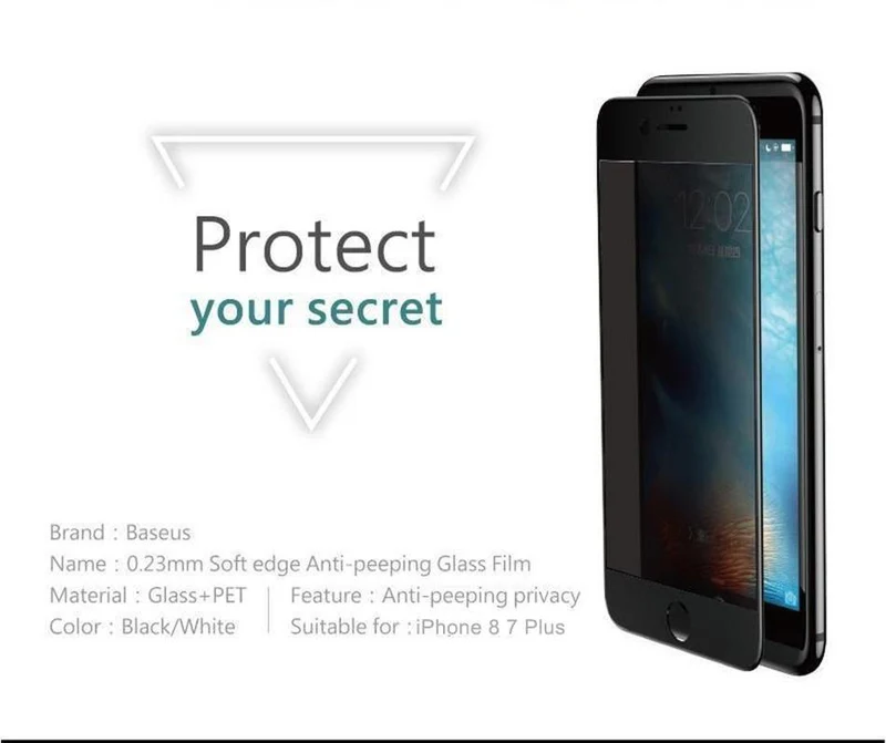 Baseus Privacy Displayschutz für iPhone 8 7 Plus Anti-Spionage-Hartglas 3D 9H Schutzglas Soft Edge Anti-Peeping-Film