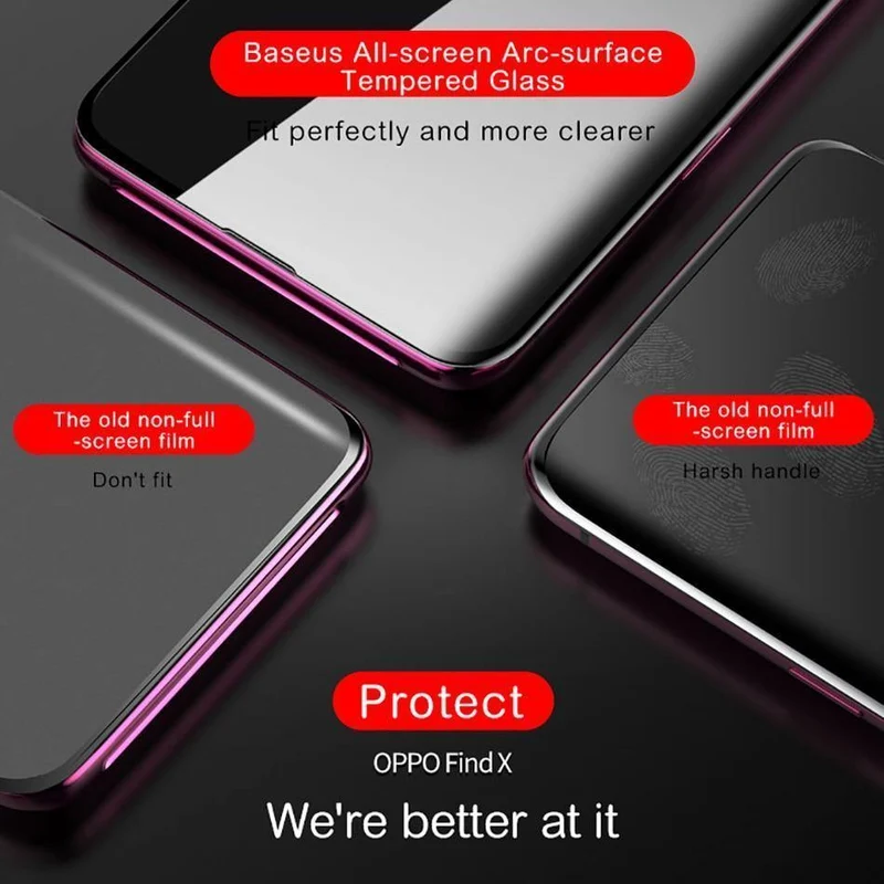Baseus 0.3 MM Displayschutz aus gehärtetem Glas für OPPO Find X, gebogene Kante, vollständige Abdeckung, gehärteter Schutzglasfilm für Find X