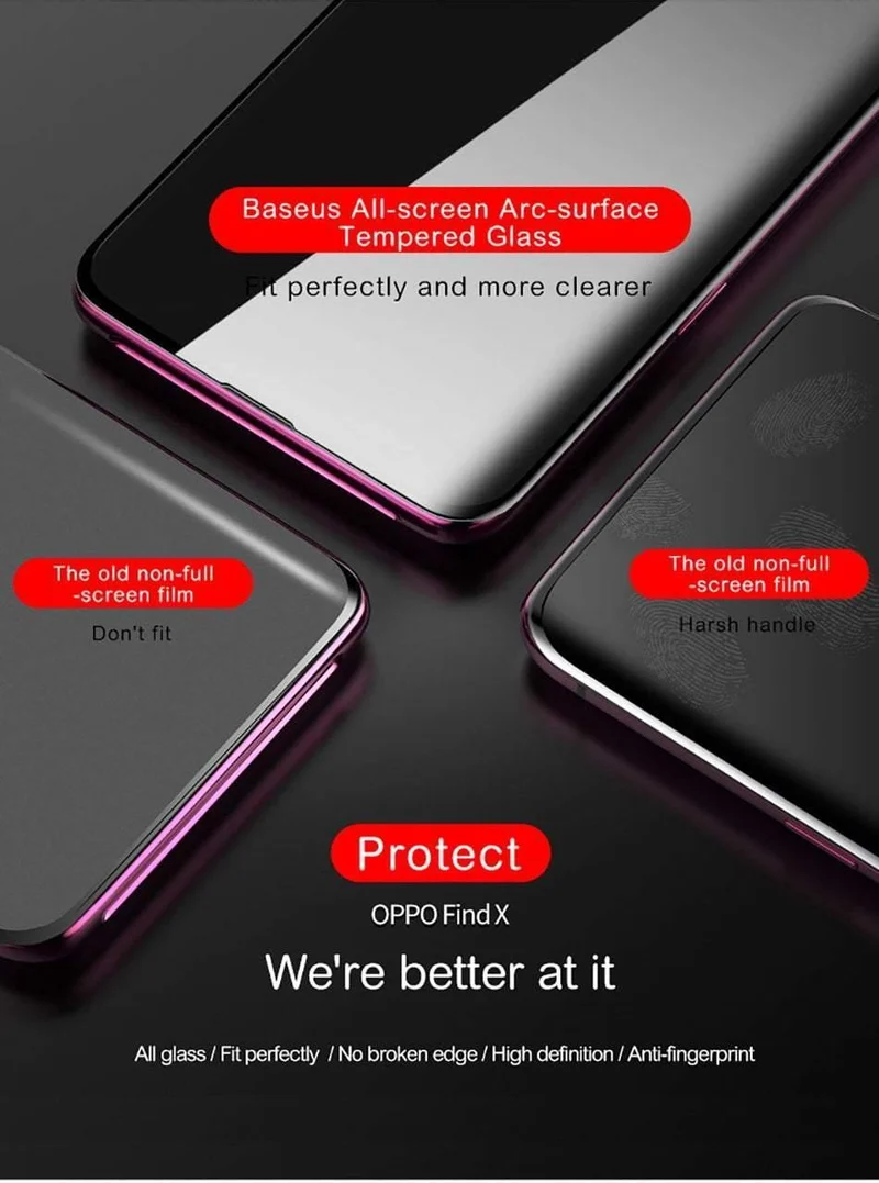Baseus 0.3 MM Displayschutz aus gehärtetem Glas für OPPO Find X, gebogene Kante, vollständige Abdeckung, gehärteter Schutzglasfilm für Find X
