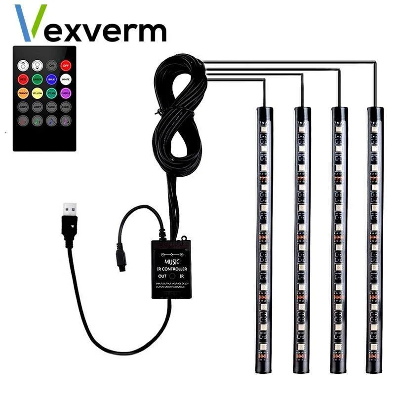 4 Stück Auto RGB LED Streifen Innenbeleuchtung Mehrfarbig Musik Atmosphäre Sound Aktive Funktion LED Streifen LED Beleuchtung mit USB Anschluss