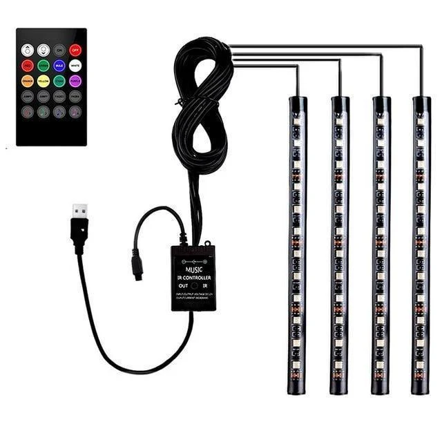 4 Stück Auto RGB LED Streifen Innenbeleuchtung Mehrfarbig Musik Atmosphäre Sound Aktive Funktion LED Streifen LED Beleuchtung mit USB Anschluss