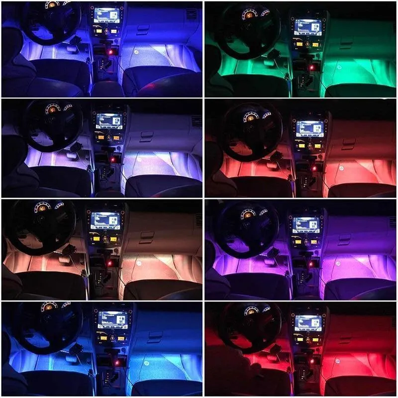 4 Stück Auto RGB LED Streifen Innenbeleuchtung Mehrfarbig Musik Atmosphäre Sound Aktive Funktion LED Streifen LED Beleuchtung mit USB Anschluss