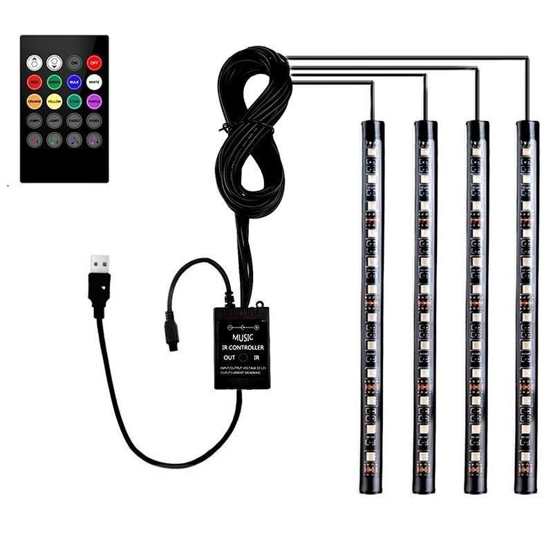 4 Stück Auto RGB LED Streifen Innenbeleuchtung Mehrfarbig Musik Atmosphäre Sound Aktive Funktion LED Streifen LED Beleuchtung mit USB Anschluss