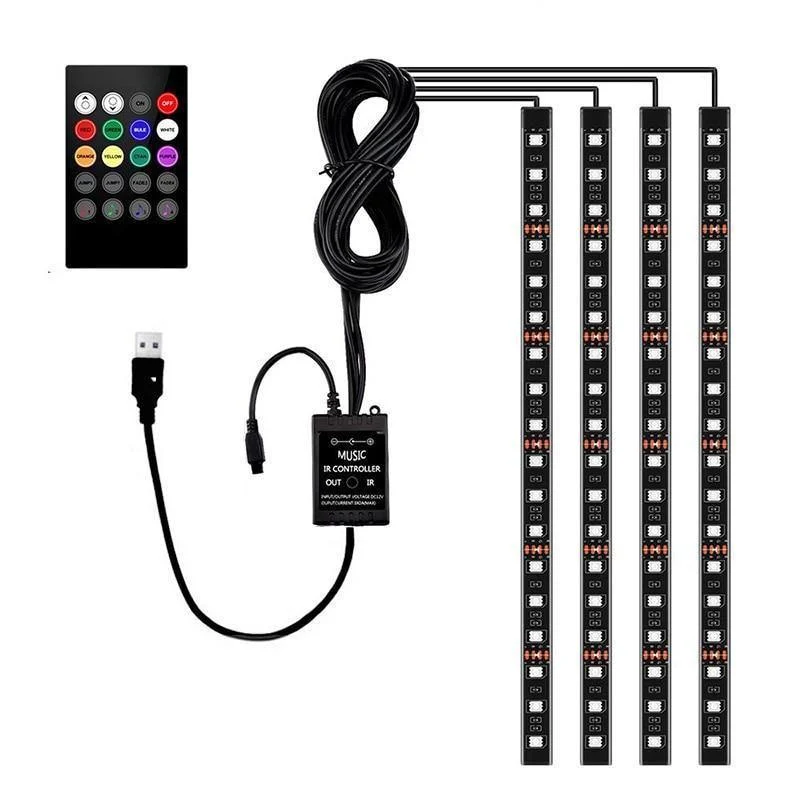 4 Stück Auto RGB LED Streifen Innenbeleuchtung Mehrfarbig Musik Atmosphäre Sound Aktive Funktion LED Streifen LED Beleuchtung mit USB Anschluss