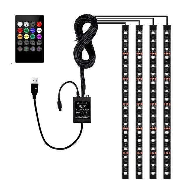 4 Stück Auto RGB LED Streifen Innenbeleuchtung Mehrfarbig Musik Atmosphäre Sound Aktive Funktion LED Streifen LED Beleuchtung mit USB Anschluss