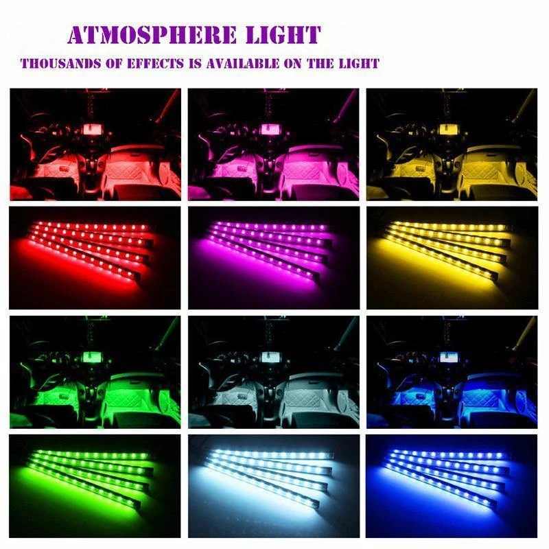 4 Stück Auto RGB LED Streifen Innenbeleuchtung Mehrfarbig Musik Atmosphäre Sound Aktive Funktion LED Streifen LED Beleuchtung mit USB Anschluss