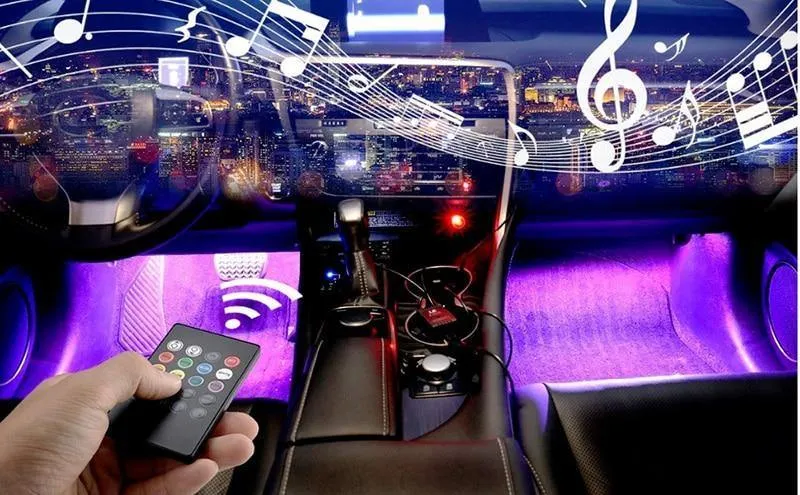 4 Stück Auto RGB LED Streifen Innenbeleuchtung Mehrfarbig Musik Atmosphäre Sound Aktive Funktion LED Streifen LED Beleuchtung mit USB Anschluss
