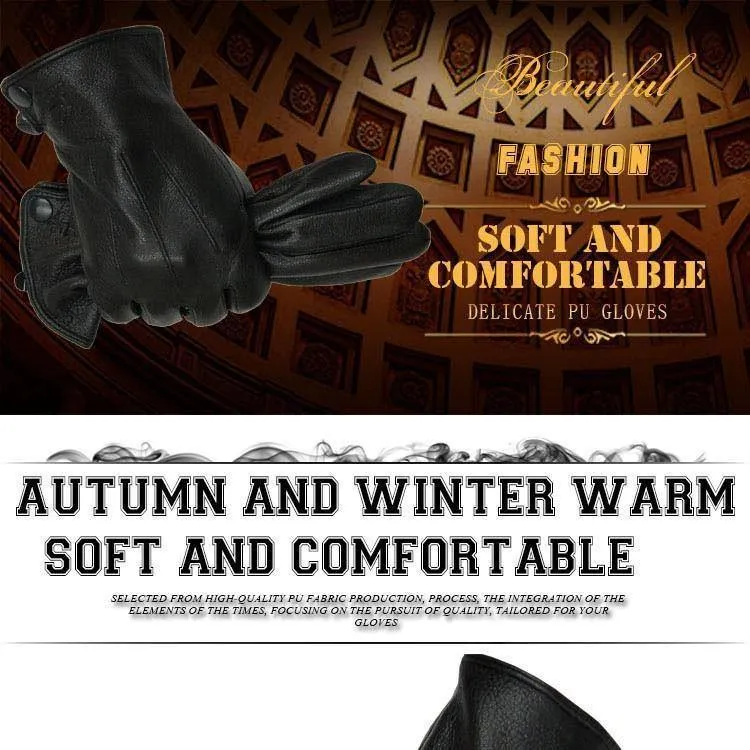 Lederhandschuhe für Herren, warm, weich, Armmanschette, schwarze Herren-Fäustlinge, imitiert Kaninchenfell, 70 % Wolle