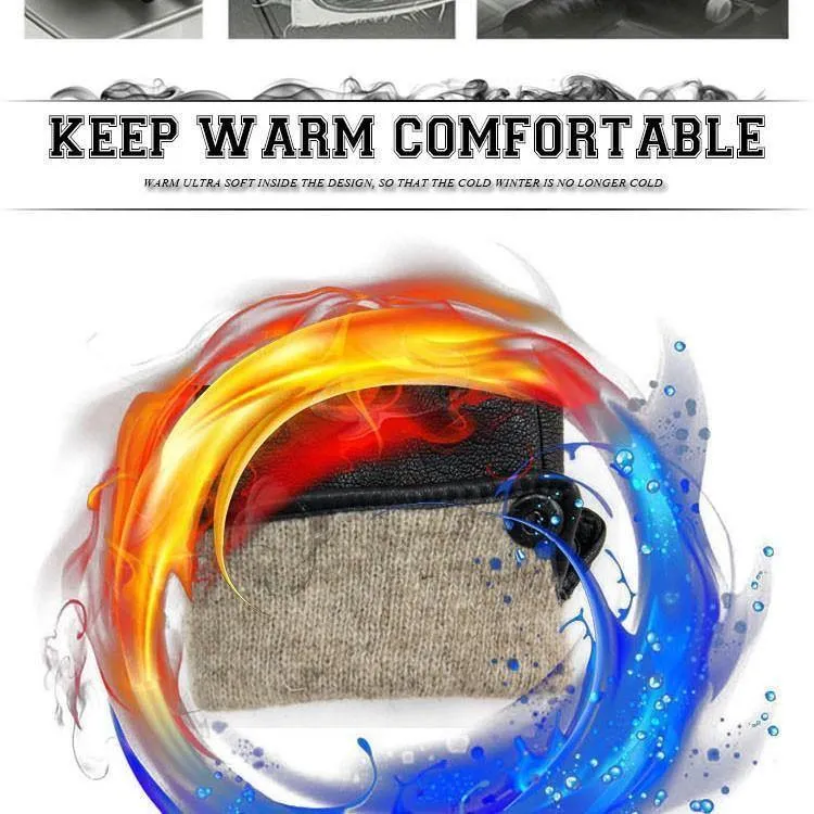 Lederhandschuhe für Herren, warm, weich, Armmanschette, schwarze Herren-Fäustlinge, imitiert Kaninchenfell, 70 % Wolle