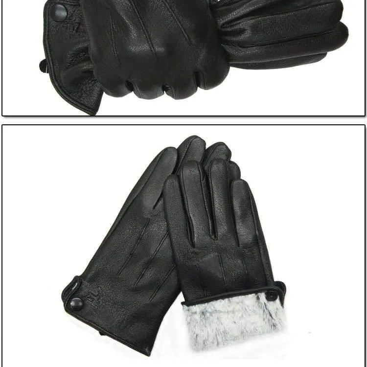 Lederhandschuhe für Herren, warm, weich, Armmanschette, schwarze Herren-Fäustlinge, imitiert Kaninchenfell, 70 % Wolle