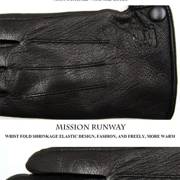 Lederhandschuhe für Herren, warm, weich, Armmanschette, schwarze Herren-Fäustlinge, imitiert Kaninchenfell, 70 % Wolle