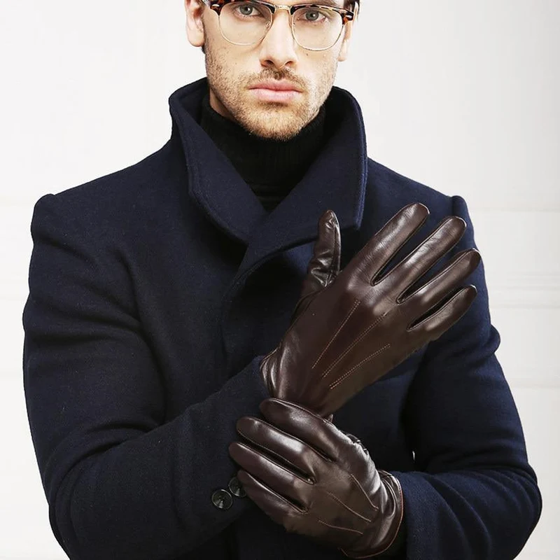 Echtes Leder Handschuhe für Männer Thermische Winter Touchscreen Schaffell Handschuh Mode Schlank Handgelenk Fahren