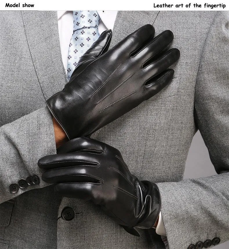 Echtes Leder Handschuhe für Männer Thermische Winter Touchscreen Schaffell Handschuh Mode Schlank Handgelenk Fahren