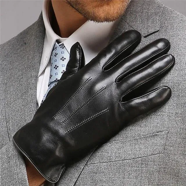 Echtes Leder Handschuhe für Männer Thermische Winter Touchscreen Schaffell Handschuh Mode Schlank Handgelenk Fahren