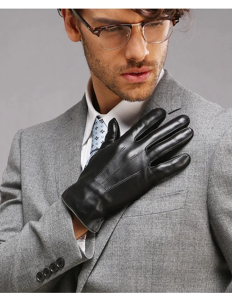 Echtes Leder Handschuhe für Männer Thermische Winter Touchscreen Schaffell Handschuh Mode Schlank Handgelenk Fahren